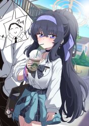  1boy 1girl absurdres alternate_costume arm_at_side balenjeong black_choker black_hair blue_archive blue_sky bow bowtie brand_name_imitation cardigan cardigan_around_waist choker clothes_around_waist commentary_request cowboy_shot cup day disposable_cup doodle_sensei_(blue_archive) drinking drinking_straw gyaru hairband halo height_difference highres holding holding_cup jewelry kogal korean_commentary long_hair long_sleeves looking_at_viewer miniskirt multicolored_nails nail_polish necklace official_alternate_hairstyle outdoors pendant peroro_(blue_archive) plaid_bow plaid_bowtie plaid_clothes plaid_skirt ponytail purple_hairband school_uniform sensei_(blue_archive) shirt shirt_tucked_in skirt sky solo_focus spoken_character starbucks ui_(blue_archive) very_long_hair violet_eyes white_shirt wristband yellow_halo 