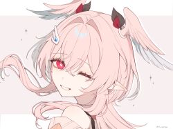  1girl bare_shoulders bright_pupils crossed_bangs genshin_impact hair_between_eyes hair_intakes head_wings heart heart-shaped_pupils highres linnea_(genshin_impact) looking_at_viewer medium_hair off_shoulder one_eye_closed pink_background pink_eyes pink_hair smile solo sparkle symbol-shaped_pupils teeth twitter_username upper_body watermark white_background white_pupils wings yu_tyamoyu 