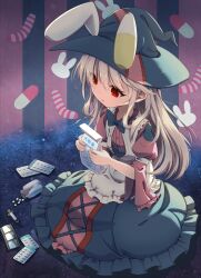  1girl absurdres animal_ears apron bag blue_bow blue_bowtie blue_hat blue_skirt bottle bow bowtie commentary_request fake_animal_ears hat highres holding holding_bag irisu_kyouko irisu_shoukougun! long_hair matchamassa medicine pill pink_shirt rabbit rabbit_ears red_eyes shirt skirt socks solo striped_background striped_clothes striped_socks syringe vertical-striped_background white_apron white_hair witch_hat 