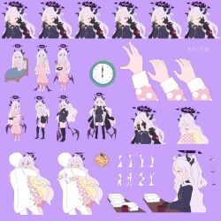  1boy 1girl afterimage ahoge armband bed bento black_boots black_coat black_gloves black_skirt black_socks blue_archive boots brushing_teeth coat coat_on_shoulders coffee commentary_request crying crying_with_eyes_open demon_girl demon_horns demon_wings fur-trimmed_coat fur_trim gloves hair_between_eyes halo hand_on_own_cheek hand_on_own_face highres hina_(blue_archive) hina_(pajamas)_(blue_archive) horns hug korean_commentary kyu-kurarin_(cevio) long_hair low_wings lyrics messy_hair multiple_expressions multiple_horns multiple_views music official_alternate_costume on_bed pajamas pencil_skirt purple_background red_armband sensei_(blue_archive) shoulder_belt side_slit singing skirt slippers socks tears tjsh99 useless_machine violet_eyes white_coat white_hair white_slippers wings 