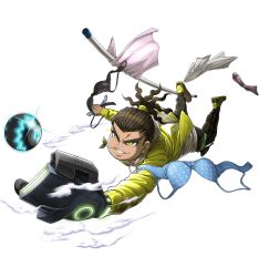  1boy ball baseball_mitt black_pants bra brown_hair dreadlocks full_body green_eyes highres hood hoodie jacket male_focus mita_santarou mouth_hold official_art pants ponytail solo stalk_in_mouth tribe_nine underwear white_hoodie yellow_jacket 