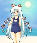  beach fujiwara_no_mokou hair_ribbon michii_yuuki name_tag one-piece_swimsuit popsicle ribbon school_swimsuit solo sun swimsuit thigh_gap touhou 