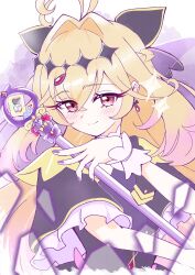  1girl absurdres ahoge blonde_hair closed_mouth commentary_request cure_arcana_shadow dress h1a0t6 highres long_hair looking_at_viewer meitantei_precure! moria_luluka precure smile solo staff tear_arcana_rod 