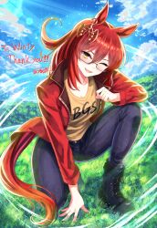  1girl animal_ears black_boots black_pants blue_sky blush boots breasts brown_shirt clouds collarbone commentary_request commission ear_ornament glasses hair_between_eyes highres horse_ears horse_girl horse_tail jacket kneeling long_hair long_sleeves looking_at_viewer one_eye_closed open_clothes open_jacket open_mouth original outdoors pants red_hair red_jacket semi-rimless_eyewear shirt skeb_commission sky small_breasts smile solo tail under-rim_eyewear ya-ya yellow_eyes 