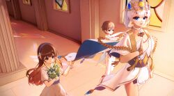 1boy 2girls absurdres blue_eyes bouquet brown_hair chinese_commentary commentary_request crown dress earrings flower formal_clothes highres holding holding_bouquet honkai_(series) honkai_impact_3rd indoors jacket jewelry looking_at_viewer medium_hair multiple_girls pants puffy_short_sleeves puffy_sleeves qingshimangxue short_sleeves theresa_apocalypse tile_floor tiles violet_eyes walking white_dress white_flower white_hair white_jacket white_pants 