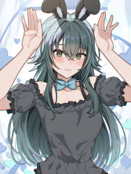  1girl animal_ears aqua_bow aqua_bowtie black_shirt blush bow bowtie collarbone commentary_request frilled_shirt frills gakuen_idolmaster green_eyes green_hair hair_flaps hands_up highres idolmaster kemonomimi_mode long_hair looking_at_viewer matsumoto_yuu rabbit_ears rabbit_pose shirt solo straight_hair tsukimura_temari upper_body very_long_hair 