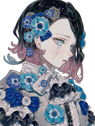  1boy alternate_costume ao_(ao0_0nemu) ascot black_hair blue_eyes blue_flower colored_tips commentary_request demon_boy enmu_(kimetsu_no_yaiba) expressionless flower hair_flower hair_ornament highres kimetsu_no_yaiba looking_to_the_side male_focus medium_hair multicolored_hair parted_lips pink_lips simple_background solo symbol-shaped_pupils trap two-tone_hair upper_body white_ascot white_background 