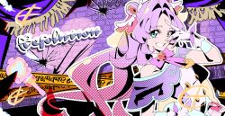  1girl absurdres ahoge akechi_anna bare_shoulders blue_eyes bow brooch cure_answer double_bun dress fingerless_gloves gloves hair_bun hair_intakes hair_ornament heart heart_brooch highres jewelry long_hair looking_at_viewer magical_girl meitantei_precure! open_mouth precure purple_dress purple_hair smile solo tikena_puriyou ttgl_eyecatch 