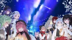  6+girls absurdres akane_lize aokumo_rin arahashi_tabi aurora ayatsuno_yuni black_bow black_hair black_hat black_jacket black_pantyhose black_scarf black_shirt blonde_hair blue_bow blue_bowtie blue_eyes blue_hair blue_jacket bow bowtie braid brown_jacket cardigan character_snowman closed_eyes closed_mouth coat commentary_request cone_hair_bun cup dabi_(15dldl15) double_bun dragon_horns earmuffs everyone food fur-trimmed_jacket fur_trim goggles goggles_on_head green_hair grey_eyes grey_hair hair_bow hair_bun hair_rings hanako_nana hat heterochromia highres holding holding_cup horns jacket korean_commentary long_hair marshmallow mittens mug multicolored_hair multiple_girls neneko_mashiro night open_mouth outdoors pantyhose pink_cardigan plaid_clothes plaid_scarf plaid_shawl purple_hair red_bow red_bowtie red_eyes red_hair red_scarf roasted_marshmallow sakihane_huya scarf shawl shirayuki_hina shirt shooting_star short_hair sky snowflakes snowman stellive streaked_hair sweater tenko_shibuki tent thigh-highs twintails unicorn_horn violet_eyes virtual_youtuber white_hair white_jacket white_scarf white_sweater white_thighhighs winter_clothes winter_coat yellow_eyes yellow_shawl yuzuha_riko 