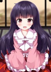  1girl blurry blush bow bowtie brown_eyes brown_hair collared_shirt commentary_request completion_time depth_of_field frilled_shirt_collar frilled_sleeves frills fusuma highres houraisan_kaguya long_hair long_sleeves looking_at_viewer open_mouth pink_shirt red_skirt ruu_(tksymkw) shirt skirt sliding_doors smile solo sweat tatami touhou very_long_hair white_bow white_bowtie wide_sleeves 