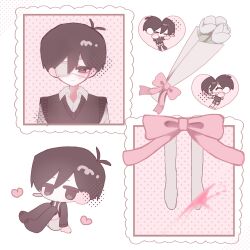  2boys absurdres antenna_hair arm_support black_eyes black_hair black_shirt black_sweater_vest black_thighhighs blush bouquet bright_pupils brown_shorts chibi closed_eyes closed_mouth collared_shirt commentary double-parted_bangs dual_persona eyepatch flower hair_between_eyes highres male_focus multiple_boys nl_000m omori omori_(omori) open_mouth shirt short_hair shorts sitting smile spoilers sunny_(omori) suspender_shorts suspenders sweater_vest thigh-highs tulip untranslatable_commentary white_flower white_pupils white_shirt white_tulip 