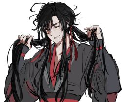  1boy ahoge alternate_hairstyle bishounen black_eyes black_hair black_hanfu bunching_hair chinese_clothes commentary_request grey_eyes hair_ribbon hands_up hanfu holding holding_own_hair long_hair long_sleeves looking_at_viewer male_focus messy_hair modao_zushi mugwortrice one_eye_closed parted_lips red_ribbon red_sash ribbon robe sash sidelocks simple_background sleeves_past_wrists smile solo twintails upper_body very_long_hair wei_wuxian white_background wide_sleeves 