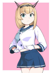  1girl blonde_hair blue_neckerchief blue_sailor_collar blue_skirt commentary_request cosplay cowboy_shot etorofu_(kancolle) etorofu_(kancolle)_(cosplay) green_eyes hairband headgear highres kantai_collection neckerchief noba_(ne83ko61) one-hour_drawing_challenge pink_background pleated_skirt rodney_(kancolle) sailor_collar sailor_shirt school_uniform serafuku shirt short_hair skirt solo white_shirt 
