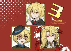  3girls absurdres black_jacket blonde_hair blood blood_splatter cinq_association_south_uniform collared_shirt commentary copyright_name curtained_hair don_quixote_(project_moon) grin hair_between_eyes hat head_tilt highres jacket la_manchaland_(identity)_(project_moon) limbus_company long_hair multiple_girls multiple_persona necktie official_alternate_costume orange_eyes pink-tinted_eyewear popped_collar portrait project_moon red_eyes red_necktie sancho_(project_moon) sanjinmogufufu serious shirt short_hair smile tinted_eyewear untranslatable_commentary v white_shirt 