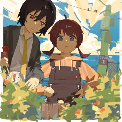  1boy 1girl absurdres black_hair blue_eyes chinese_commentary commentary djmax djmax_respect garden gardening highres lirn necktie original overalls play_(djmax) play_(vocaloid) red_eyes red_hair short_hair suit vest yellow_necktie 
