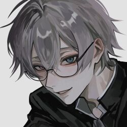  1boy 3icxjemhky66253 black_jacket blue_eyes character_request collared_jacket collared_shirt copyright_request double-parted_bangs gakuran glasses grey_background highres jacket looking_at_viewer male_focus open_collar parted_lips school_uniform shirt simple_background smile solo white_shirt 