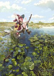  1girl arm_up boots broom broom_riding brown_boots bug butterfly capelet clouds cloudy_sky corset hat lake lily_pad long_sleeves looking_at_viewer nature open_mouth original outdoors red_capelet red_hair red_hat red_skirt revision ribbon scenery shiromine_kana shirt skirt sky solo water watermark white_shirt witch witch_hat yellow_eyes yellow_ribbon 