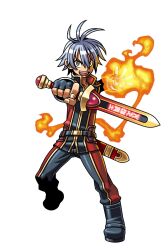  1boy ankle_boots antenna_hair belt black_belt black_boots black_gloves black_jacket black_pants boots fingerless_gloves fire flaming_hand gloves gold_trim grey_hair hair_between_eyes harakawa_mitsuhiro holding holding_sword holding_weapon homura_kai jacket multicolored_jacket multicolored_pants official_art open_mouth pants red_jacket red_pants sheath shinrabanshou short_hair solo sword teeth third-party_source transparent_background weapon yellow_eyes 