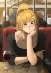  4girls alcohol aqua_(konosuba) black_shirt blonde_hair blue_eyes blue_hair braid brown_hair closed_eyes collared_shirt cup drinking_glass elbow_on_table green_nails hand_on_own_face high_ponytail highres izawa_(bhive003) jewelry kono_subarashii_sekai_ni_shukufuku_wo! la+_darknesss looking_at_viewer megumin multiple_girls ponytail red_eyes ring shirt sitting smile wine wine_glass yunyun_(konosuba) 