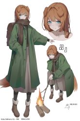  1girl absurdres animal_ears backpack bag bird blue_eyes boots brown_boots brown_hair brown_scarf campfire character_request closed_mouth coat decycb6 dog_ears dog_girl dog_tail easy_delivery_co. fire green_coat grey_skirt hand_in_pocket hashtag-only_commentary highres holding holding_stick long_hair long_sleeves looking_at_viewer multiple_views musical_note open_clothes open_coat scarf simple_background skirt stick tail white_background 