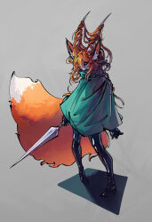  animal_ears cape cosplay fox_ears fox_tail glowing glowing_eyes green_cape green_eyes highres hollow_knight hollow_knight:_silksong hornet_(hollow_knight) hornet_(hollow_knight)_(cosplay) indie_virtual_youtuber nico_artt orange_hair simple_background tail virtual_youtuber 