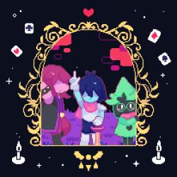  1boy 1girl 1other ^_^ androgynous animated animated_gif antenna_hair arm_up armor black_fur black_jacket black_shoes blue_background blue_hair blue_skin boots bracelet candle cape card card_kingdom_(deltarune) child closed_eyes club_(shape) colored_skin deltarune diamond_(shape) dress expressionless facing_viewer furry furry_female furry_male glasses grass green-framed_eyewear green_dress green_hat hand_on_hilt hat heart holding holding_sword holding_weapon index_finger_raised jacket jewelry kae77p knee_boots kris_(dark_world)_(deltarune) kris_(deltarune) logo looping_animation medium_hair pants pauldrons pink_cape pink_scarf pink_skin pixel_art playing_card pointing pointing_up purple_hair purple_pants ralsei ralsei_(hat) round_eyewear scarf shaded_face shoes short_hair shoulder_armor sleeveless sleeveless_jacket spade_(shape) sparkle spiked_bracelet spikes standing susie_(dark_world)_(deltarune) susie_(deltarune) sword the_fun_gang tomboy trap utdr_(toby_fox) weapon 