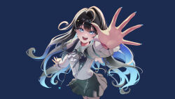  1girl :d absurdres ahoge arm_up ascot black_hair black_ribbon black_skirt blue_background blue_eyes blue_hair blue_nails blush bow brooch collared_shirt colored_inner_hair commentary cowboy_shot dress_shirt english_commentary fingernails floating_hair flower_brooch foreshortening frilled_sleeves frills gradient_hair green_skirt grey_skirt hair_intakes hair_ornament hairclip highres indie_virtual_youtuber jewelry korean_commentary long_hair long_sleeves looking_at_viewer looking_up miniskirt mir_(alice427) mixed-language_commentary mole mole_under_eye multicolored_hair nail_polish neck_ribbon open_hand open_mouth outstretched_arm outstretched_hand pleated_skirt puffy_long_sleeves puffy_sleeves reaching reaching_towards_viewer ribbon shirt sidelocks simple_background skirt smile solo sparkle_hair_ornament standing star_(symbol) star_hair_ornament su2ro teeth two-tone_hair upper_teeth_only virtual_youtuber white_ascot white_shirt 