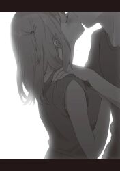  029 1boy 1girl backlighting blush breasts closed_mouth eyes_out_of_frame faceless faceless_male from_side grey_hair greyscale hands_on_another's_shoulders hataraku_maou-sama! head_out_of_frame kiss large_breasts maou_sadao monochrome novel_illustration official_art sasaki_chiho shirt short_sleeves sidelocks sleeveless sleeveless_shirt standing t-shirt tears third-party_source two_side_up 