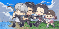 1girl 3boys :3 adachi_tooru black_hair black_jacket black_pants chengmingraven chibi chibi_only clouds commentary doujima_nanako doujima_ryoutarou dress fishing fishing_rod full_body grey_eyes grey_hair highres holding holding_fishing_rod jacket jacket_on_shoulders long_sleeves messy_hair multiple_boys narukami_yu necktie open_mouth outdoors pants persona persona_4 pink_dress pulling red_necktie short_twintails sideburns socks sparse_stubble twintails white_socks 