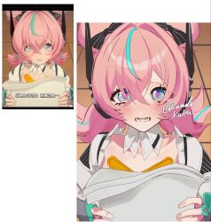  1girl aqua_hair aqua_streaks aria_(zenless_zone_zero) blue_eyes blush collarbone commentary_request crossed_bangs detached_collar fingerless_gloves game_screenshot_inset gloves hair_between_eyes highres holding holding_paper looking_at_viewer multicolored_hair open_mouth paper pink_gloves pink_hair quad_tails reference_inset screenshot_inset simple_background sparkling_eyes streaked_hair twitter_username white_background zenless_zone_zero zunda_kaku 