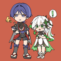  ! 1boy 1girl anklet armlet armor arms_at_sides black_kimono black_sandals black_shorts black_sleeves bloomers blunt_ends blush bracelet bright_pupils cape chibi chibi_only choppy_bangs colored_tips commentary_request cross-shaped_pupils detached_sleeves dress eyelashes eyeliner frilled_sleeves frills furisode genshin_impact gold gold_trim green_cape green_eyes green_hair green_sleeves hair_between_eyes hair_ornament hand_on_own_hip heart heart_hair_ornament japanese_armor japanese_clothes jewelry juban kimono kote kurokote layered_shorts layered_sleeves leaf leaf_hair_ornament long_hair looking_at_viewer looking_to_the_side makeup mitsudomoe_(shape) momonga_damon multicolored_hair nahida_(genshin_impact) neck_ring o-ring open_clothes open_kimono open_mouth own_hands_together palms_together parted_lips pointy_ears purple_hair purple_sash purple_shorts purple_sleeves red_background red_eyeliner red_kimono red_sash sandals sash scaramouche_(genshin_impact) shorts side_ponytail sidelocks single_sode socks speech_bubble spoken_exclamation_mark standing stirrup_legwear streaked_hair symbol-shaped_pupils tareme tassel teeth toeless_legwear toeless_socks tomoe_(symbol) upper_teeth_only violet_eyes white_bloomers white_dress white_hair white_kimono white_mouth white_pupils white_socks zouri 
