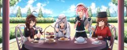  4girls absurdres ahoge bespectacled black_gloves black_hair black_hat black_jacket black_sailor_collar black_serafuku black_shirt black_skirt blue_eyes blue_sky braid brown_eyes brown_hair cake chair closed_eyes clouds cup day english_commentary fingerless_gloves flat_cap food fur_hat glasses gloves grey_hair hair_flaps hair_over_shoulder harusame_(kancolle) harusame_kai_ni_(kancolle) hat hibiki_(kancolle) highres jacket kantai_collection kuneamorai long_hair low_twintails multiple_girls necktie outdoors papakha pink_hair pleated_skirt red-framed_eyewear red_necktie red_shirt sailor_collar scenery school_uniform serafuku shigure_(kancolle) shigure_kai_san_(kancolle) shirt side_ponytail single_braid sitting skirt sky tashkent_(kancolle) teacup teapot teaset tiered_tray twintails two-tone_shirt veins verniy_(kancolle) white_hat white_sailor_collar 