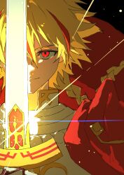  1boy 333takoyaki absurdres armor black_background blonde_hair braid breastplate cape commentary_request fate/strange_fake fate_(series) highres holding holding_weapon knight long_hair male_focus multicolored_hair red_cape red_hair richard_i_(fate) simple_background solo streaked_hair sword upper_body weapon 