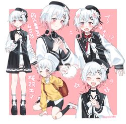  1girl :d ^_^ animal_collar animal_ears bandaid bandaid_on_knee bandaid_on_leg beret black_dress black_hat black_ribbon black_shorts black_socks blush closed_eyes collar commentary_request dog_ears dog_girl dress fang floppy_ears hair_ornament hair_ribbon hairclip happy hat highres kemonomimi_mode long_sleeves mahou_shoujo_no_majo_saiban melodyguru multicolored_hair multiple_views open_mouth pink_streaks red_collar ribbon sakuraba_ema shirt shoes short_hair shorts sitting smile socks standing steepled_fingers streaked_hair sweater wariza white_hair white_shirt white_shoes x_hair_ornament yellow_sweater 