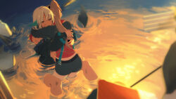  2girls amazuki_jou arms_around_neck azur_lane bare_shoulders black_jacket black_shorts body_markings brown_hair commentary_request corset dark-skinned_female dark_skin facial_mark feather_hair_ornament feathers forehead_mark gloves hair_ornament high_ponytail highres hug in_water jacket jean_bart_(azur_lane) long_hair massachusetts_(azur_lane) multiple_girls native_american navel partially_submerged ponytail red_corset red_eyes red_gloves shorts sitting sunset white_hair yuri 