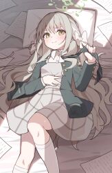  1girl absurdres black_bow black_bowtie black_jacket blazer blue_archive blue_bow blush bow bowtie braid closed_mouth collared_shirt commentary_request dress_shirt feet_out_of_frame fingernails green_halo grey_hair grey_skirt hair_between_eyes hair_bow hair_intakes hair_ribbon halo highres jacket long_hair long_sleeves looking_at_viewer lying medium_skirt miyo_(blue_archive) on_back pink_nails plaid_clothes plaid_skirt pleated_skirt ribbon ribbon_braid school_uniform shirt skirt socks tiles toki_kimagure very_long_hair wavy_hair white_bow white_ribbon white_shirt white_socks yellow_eyes 