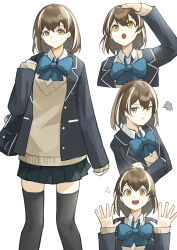  1girl :o absurdres alternate_costume arknights arm_up black_jacket black_skirt black_thighhighs blazer blue_bow blue_bowtie bow bowtie brown_hair brown_sweater_vest buttons closed_mouth collared_shirt commentary hands_up highres jacket lapels looking_at_viewer looking_up magallan_(arknights) miniskirt multicolored_hair multiple_views open_clothes open_jacket open_mouth pleated_skirt puff_of_air school_uniform shirt short_hair simple_background skirt sleeves_past_wrists smile streaked_hair sweater_vest thigh-highs unbuttoned white_background white_hair white_shirt yagi000 yellow_eyes 