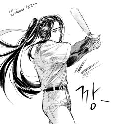  1boy alternate_costume alternate_hairstyle ball baseball baseball_bat baseball_uniform belt closed_mouth commentary_request contemporary cowboy_shot greyscale hair_ribbon highres holding holding_baseball_bat korean_text lan_wangji layered_sleeves long_hair long_sleeves looking_at_viewer male_focus melmerry modao_zushi monochrome motion_lines pants ponytail ribbon shirt short_over_long_sleeves short_sleeves simple_background solo sportswear standing swinging_baseball_bat very_long_hair white_background 