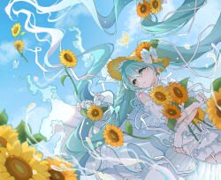  1girl absurdres aqua_hair bare_shoulders blue_sky blush bow brown_hat commentary cowboy_shot double-parted_bangs dress fingerless_gloves flower gloves hair_between_eyes hand_up hat hat_bow hat_flower hat_ornament hatsune_miku highres leaf_hat_ornament long_hair looking_up magical_mirai_(vocaloid) magical_mirai_miku magical_mirai_miku_(2026) open_mouth outdoors sky sleeveless sleeveless_dress solo sunflower tamaco_3 twintails untranslatable_commentary vocaloid white_bow white_dress white_gloves yellow_eyes yellow_flower 