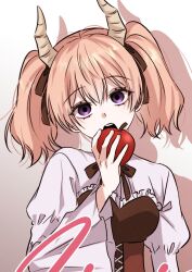  1girl apple brown_dress brown_ribbon commentary_request corset cross-laced_clothes cross-laced_corset demon demon_girl demon_horns dress eating food frifri1213 fruit highres holding holding_food holding_fruit horns korean_commentary linie_(sousou_no_frieren) open_mouth pink_hair ribbon shade sousou_no_frieren twintails upper_body violet_eyes white_background white_dress 