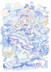  1girl ;3 ;d absurdres bag balloon blonde_hair blue_bow blue_bowtie blue_dress blue_eyes blue_hair blue_hat blunt_bangs blush bow bowtie cake cake_slice checkerboard_cookie commentary_request cookie dot_nose dress ferris_wheel food frilled_gloves frilled_sleeves frills full_body gloves hair_bow hands_up hat highres long_hair multicolored_dress multicolored_hair one_eye_closed open_mouth original plate sango_(35sangosan) short_sleeves sleeve_bow smile solo streamers two-tone_hair unicorn waist_bow watermark white_gloves yellow_dress 
