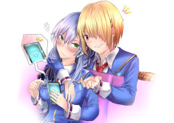  2girls :d :t ^_^ blonde_hair blue_jacket blush breasts closed_eyes closed_mouth collared_shirt commentary_request frown glasses green_eyes grey_hair grin hair_between_eyes hair_ornament hair_over_one_eye hairclip hand_up heaven_burns_red hug hug_from_behind izumi_yuki_(heaven_burns_red) jacket kayamori_ruka ksnkhka0410 large_breasts long_bangs long_sleeves looking_at_viewer low_side_ponytail multiple_girls necktie notice_lines one_eye_covered open_mouth parallel_hairclips red_eyes red_necktie round_eyewear shirt short_hair simple_background sitting smile speech_bubble squiggle upper_body v-shaped_eyebrows white_background white_shirt 