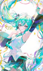  1girl 39 :q aqua_eyes aqua_hair aqua_nails aqua_necktie arm_up armpits commentary_request cowboy_shot detached_sleeves hatsune_miku headset highres long_hair looking_at_viewer miku_day nail_polish necktie pink_pupils pleated_skirt shirt signature skirt sleeveless sleeveless_shirt solo tie_clip tongue tongue_out twintails very_long_hair vocaloid white_shirt yutttang 