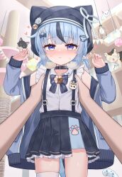  1girl absurdres aoraine black_skirt blue_eyes blue_hair blush bow collar commentary_request frills hair_ornament hat heart highres jacket looking_at_viewer multicolored_hair open_clothes open_jacket original pleated_skirt pov pov_hands shirt single_thighhigh skirt streaked_hair suspender_skirt suspenders thigh-highs white_shirt white_thighhighs 