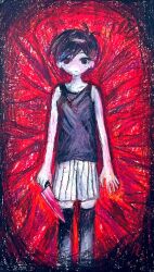  1boy black_eyes black_hair black_shorts black_tank_top black_thighhighs closed_mouth collarbone colored_skin commentary english_commentary expressionless highres holding holding_knife knife looking_at_viewer omori omori_(omori) rou_(h_s_sinrin) shorts solo striped_clothes striped_shorts tank_top thigh-highs two-tone_shorts vertical-striped_clothes vertical-striped_shorts white_shorts white_skin 