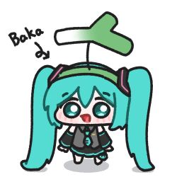  1girl :d arrow_(symbol) black_skirt blue_eyes blue_hair blue_necktie chibi chibi_only commentary detached_sleeves double-parted_bangs full_body green_hairband grey_shirt hairband hatsune_miku highres long_hair looking_at_viewer lulalang necktie open_mouth shirt simple_background skirt sleeveless sleeveless_shirt smile solo spring_onion standing twintails twitter_username very_long_hair vocaloid white_background 