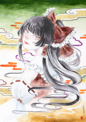  1girl bow brown_hair closed_mouth commentary_request detached_sleeves egasumi english_commentary frilled_bow frilled_hair_tubes frills grey_eyes hair_bow hair_tubes hakurei_reimu highres johnalay long_hair looking_at_viewer mixed-language_commentary nihonga painting_(medium) red_bow ribbon-trimmed_sleeves ribbon_trim smile solo touhou traditional_media watercolor_(medium) 