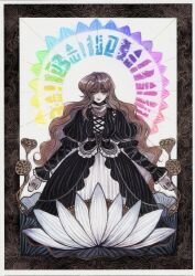  1girl beads black_dress black_nails border commentary_request cross-laced_clothes dress expressionless flower gradient_hair hat highres hijiri_byakuren jewelry long_hair looking_at_viewer lotus lotus_pod lotus_print multicolored_hair ornate_border painting_(medium) prayer_beads puffy_sleeves purple_hair rainbow_gradient ring solo sorcerer's_sutra_scroll surume_(surumemodoki) touhou traditional_media turtleneck watercolor_(medium) white_border yellow_eyes 