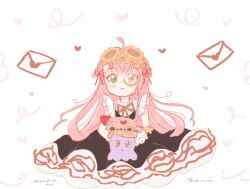 1girl aivy_lovencraft closed_mouth commentary craftito dress fanart goggles goggles_on_head green_eyes highres indie_virtual_youtuber long_hair monocle pink_hair simple_background smile virtual_youtuber vtuber vtuberfanart yes_its_amy