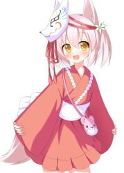  1girl :d animal_ears arms_at_sides blush commentary cowboy_shot flower fox_ears fox_girl fox_mask fox_tail hair_flower hair_ornament happy highres irotoridori_no_sekai japanese_clothes kimono long_sleeves looking_at_viewer mask mask_on_head medium_hair open_mouth pink_hair red_kimono ren_(irotoridori_no_sekai) sash sidelocks simple_background smile solo tail tareme tassel tassel_hair_ornament twintails white_background white_flower white_sash wide_sleeves wistar1as yellow_eyes 